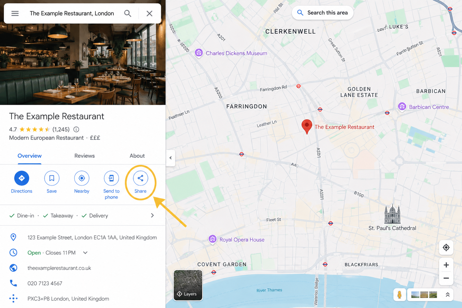 Screenshot: Google Maps restaurant listing with the Share button highlighted