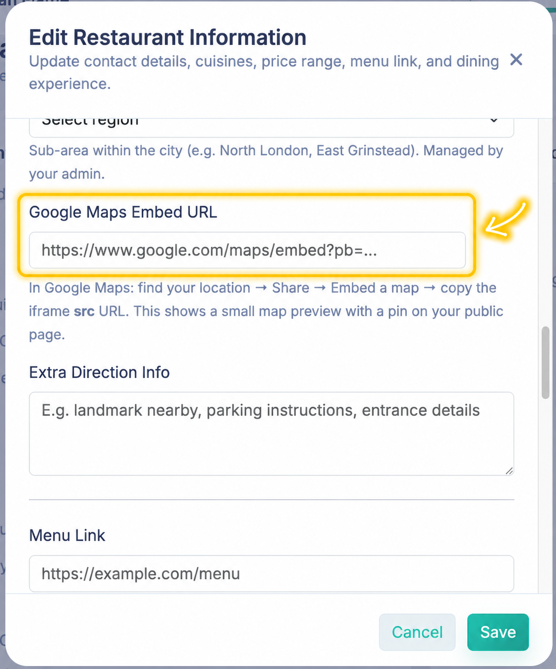 Screenshot: Tablemap Restaurant Profile settings showing the Map Embed URL field