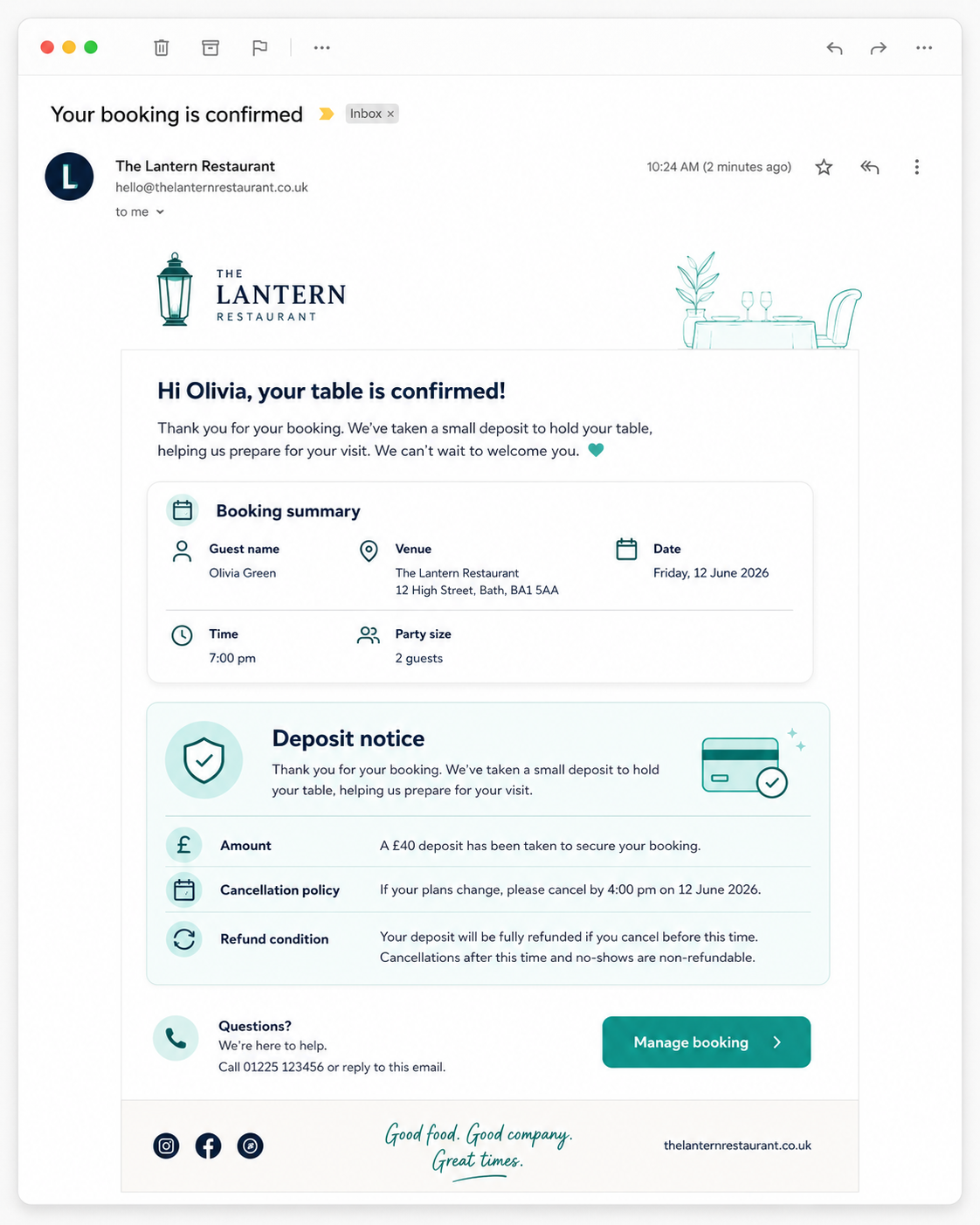IMAGE: Booking Confirmation Email with Deposit Notice