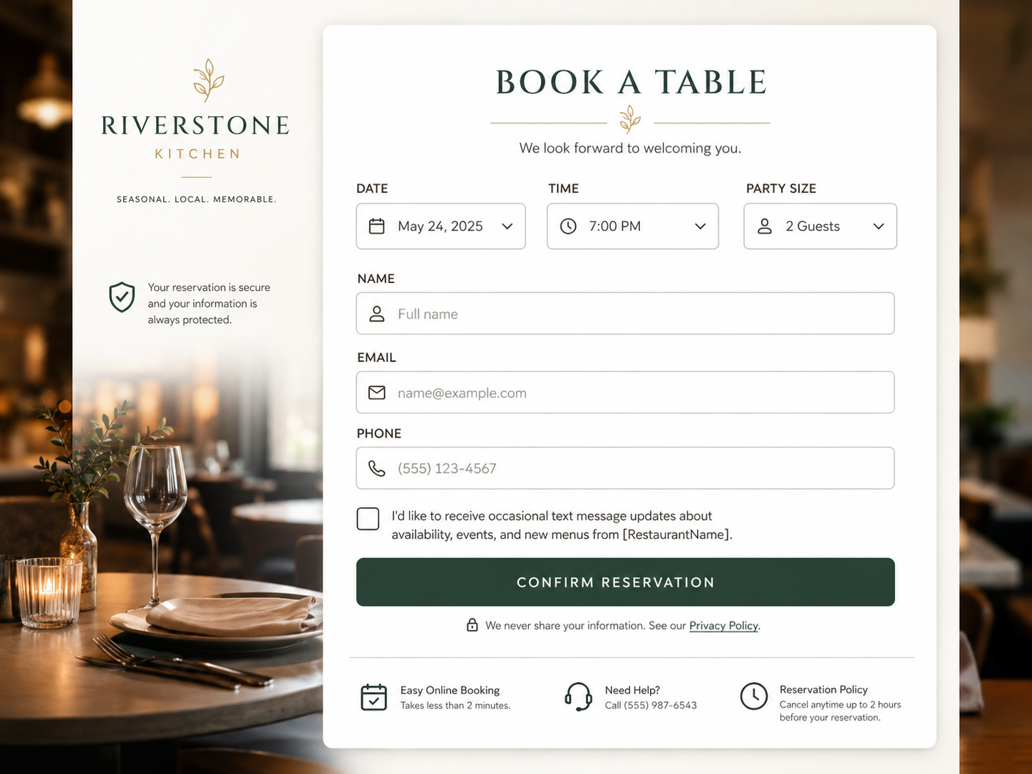 SMS Opt-In Booking Form Mockup