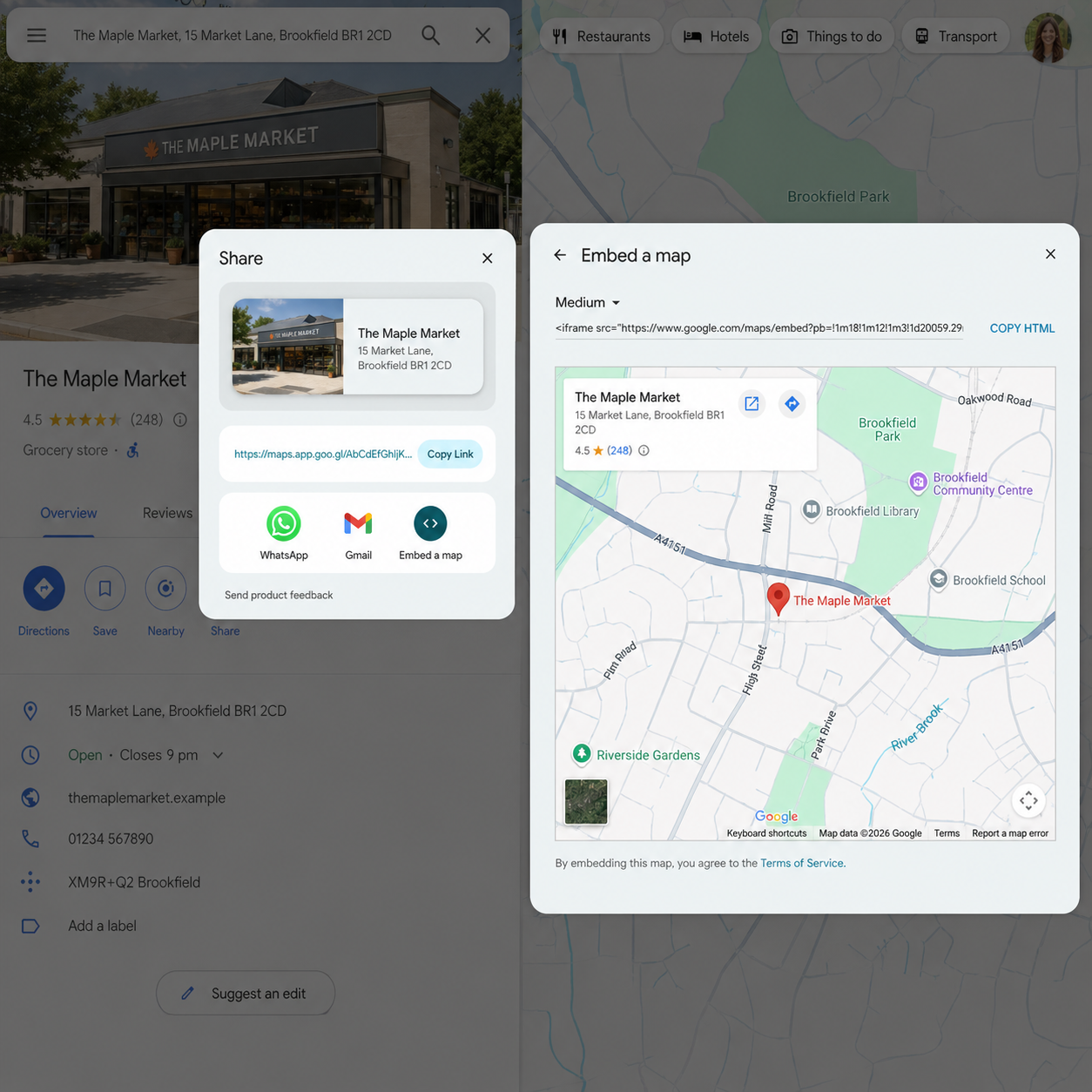 Screenshot: Google Maps Share window showing the Embed a map tab and Copy HTML button